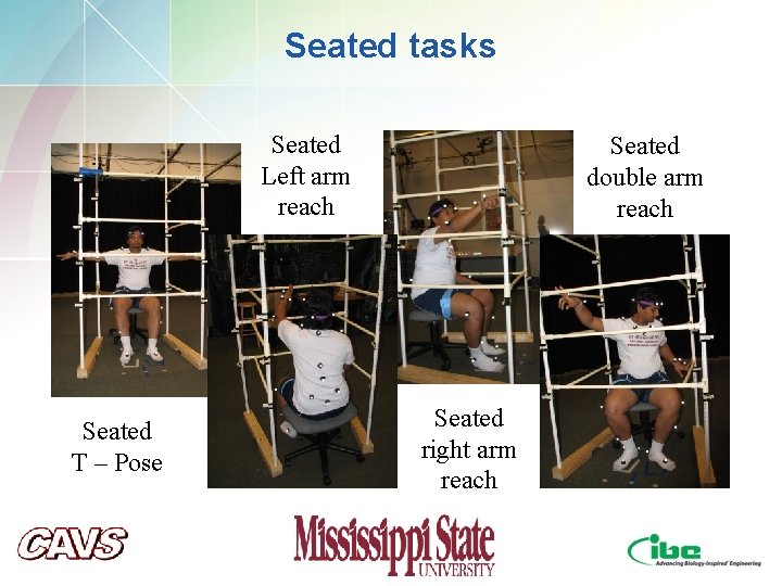 Seated tasks Seated Left arm reach Seated T – Pose Seated double arm reach Seated tasks Seated Left arm reach Seated T – Pose Seated double arm reach