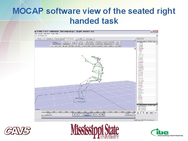 MOCAP software view of the seated right handed task MOCAP software view of the seated right handed task