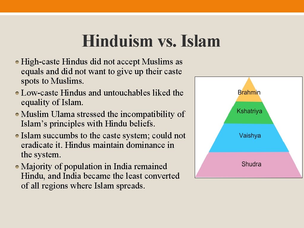 Hinduism vs. Islam High-caste Hindus did not accept Muslims as equals and did not