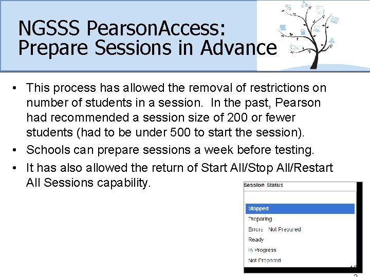 NGSSS Pearson. Access: Prepare Sessions in Advance • This process has allowed the removal