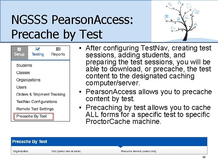 NGSSS Pearson. Access: Precache by Test • After configuring Test. Nav, creating test sessions,