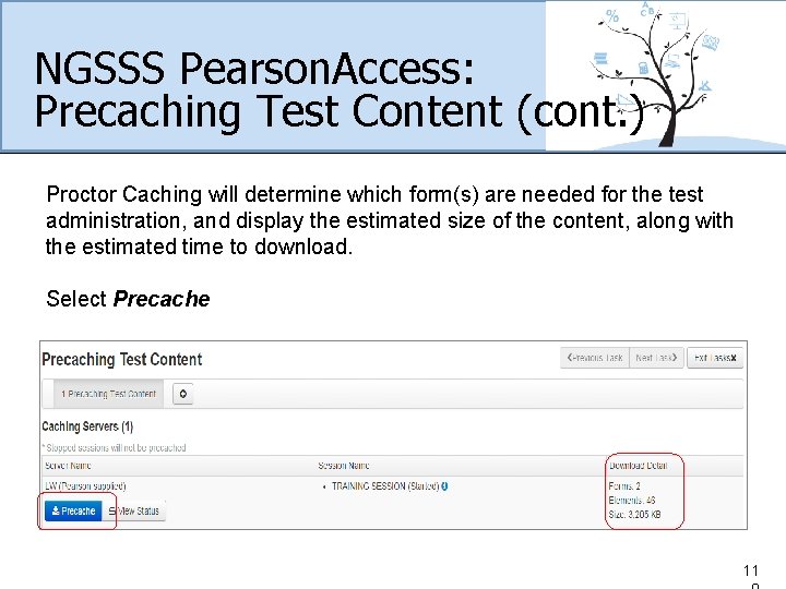 NGSSS Pearson. Access: Precaching Test Content (cont. ) Proctor Caching will determine which form(s)