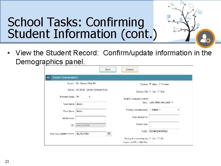 School Tasks: Confirming Student Information (cont. ) • View the Student Record: Confirm/update information