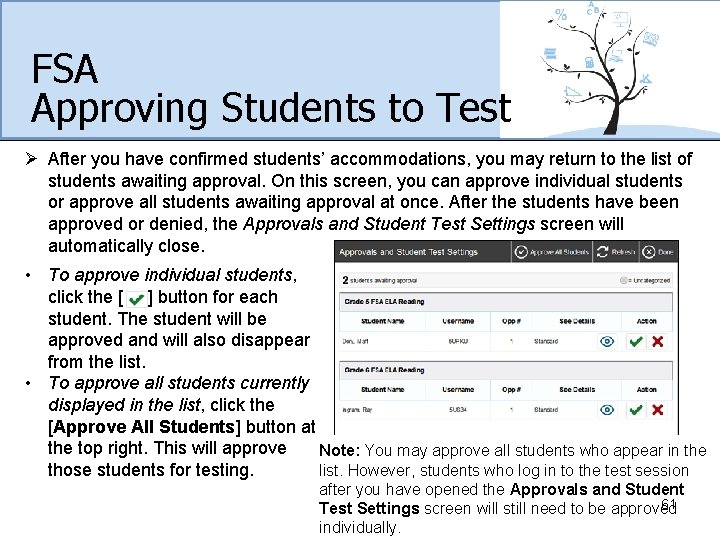 FSA Approving Students to Test Ø After you have confirmed students’ accommodations, you may