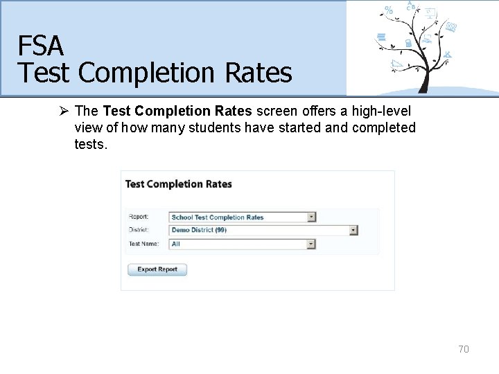 FSA Test Completion Rates Ø The Test Completion Rates screen offers a high-level view