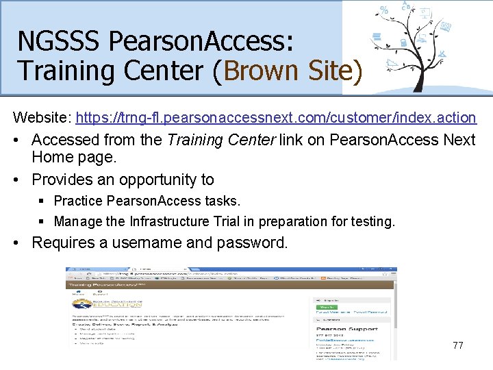 NGSSS Pearson. Access: Training Center (Brown Site) Website: https: //trng-fl. pearsonaccessnext. com/customer/index. action •