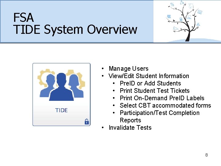 FSA TIDE System Overview • Manage Users • View/Edit Student Information • Pre. ID