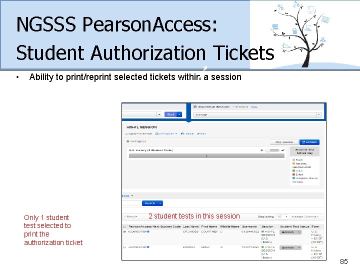 NGSSS Pearson. Access: Student Authorization Tickets • Ability to print/reprint selected tickets within a