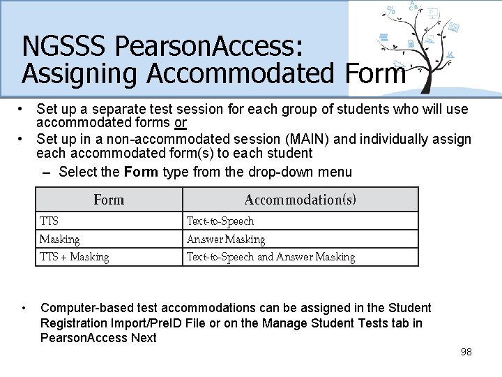 NGSSS Pearson. Access: Assigning Accommodated Form • Set up a separate test session for