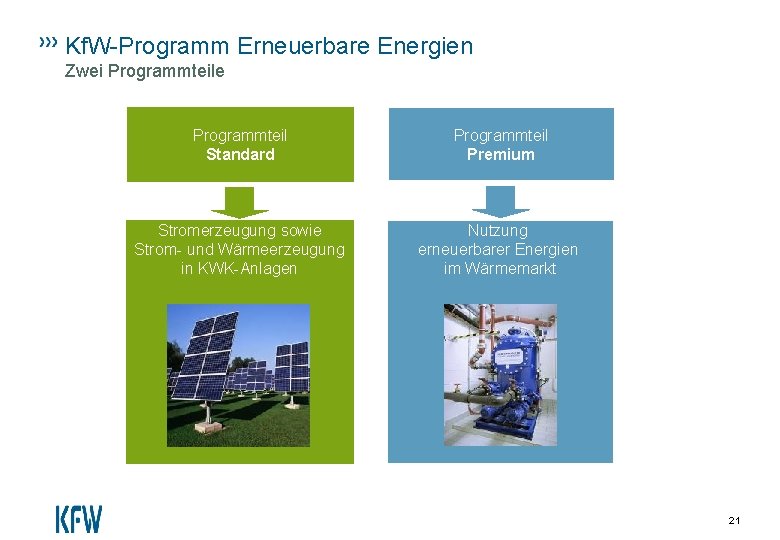 Kf. W-Programm Erneuerbare Energien Zwei Programmteile Programmteil Standard Programmteil Premium Stromerzeugung sowie Strom- und