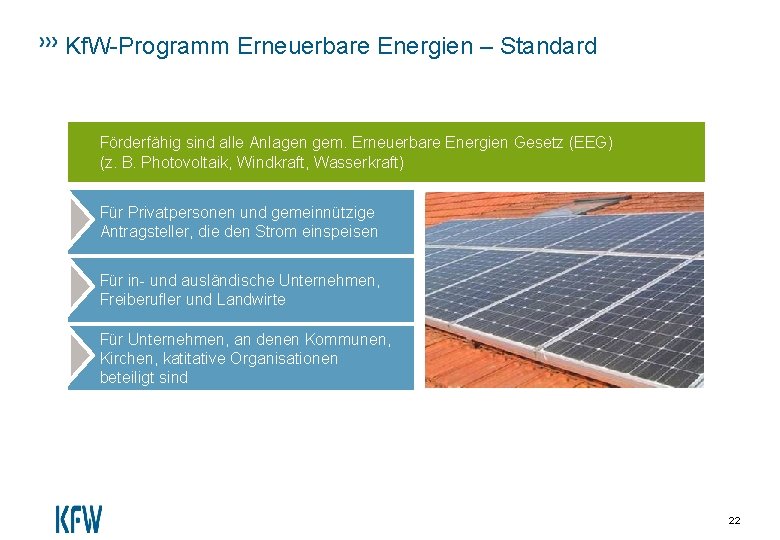 Kf. W-Programm Erneuerbare Energien – Standard Förderfähig sind alle Anlagen gem. Erneuerbare Energien Gesetz