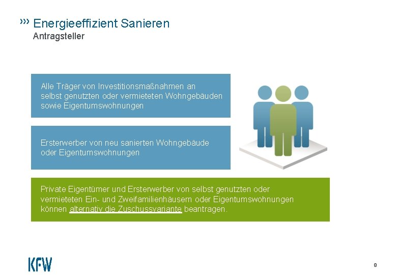 Energieeffizient Sanieren Antragsteller Alle Träger von Investitionsmaßnahmen an selbst genutzten oder vermieteten Wohngebäuden sowie