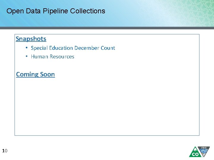 Open Data Pipeline Collections Snapshots • Special Education December Count • Human Resources Coming