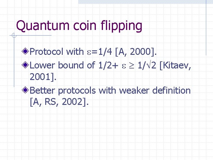 Quantum coin flipping Protocol with =1/4 [A, 2000]. Lower bound of 1/2+ 1/ 2