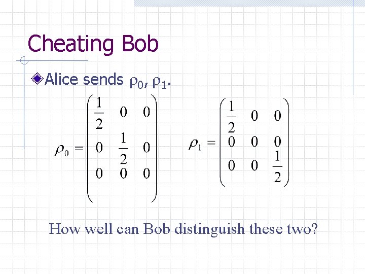 Cheating Bob Alice sends 0, 1. How well can Bob distinguish these two? 