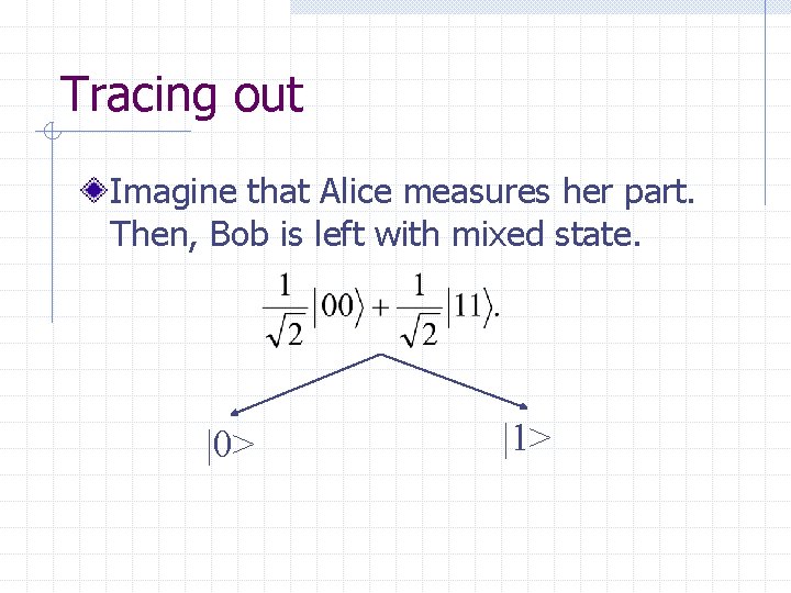 Tracing out Imagine that Alice measures her part. Then, Bob is left with mixed