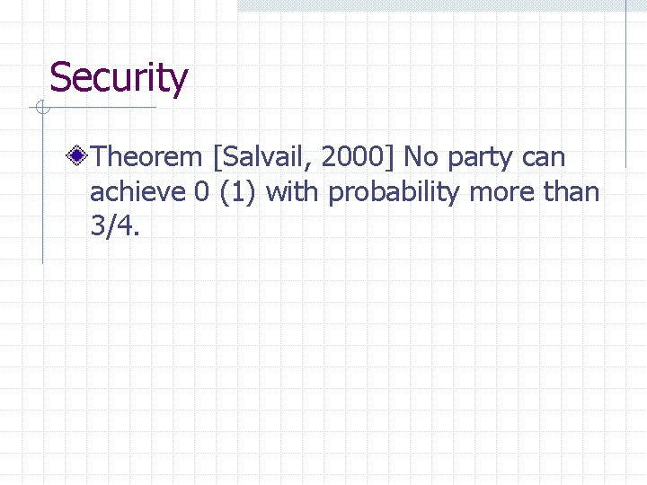 Security Theorem [Salvail, 2000] No party can achieve 0 (1) with probability more than