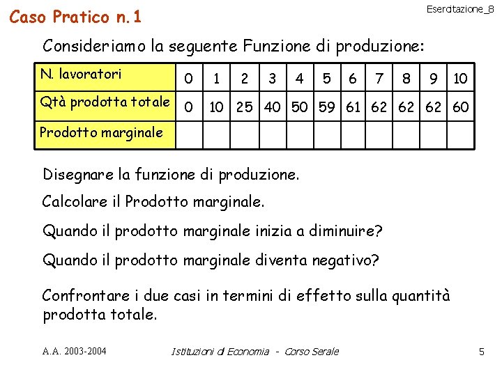 Esercitazione_8 Caso Pratico n. 1 Consideriamo la seguente Funzione di produzione: N. lavoratori 0