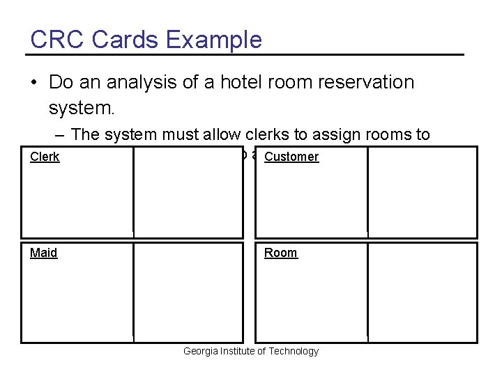 CRC Cards Example • Do an analysis of a hotel room reservation system. –