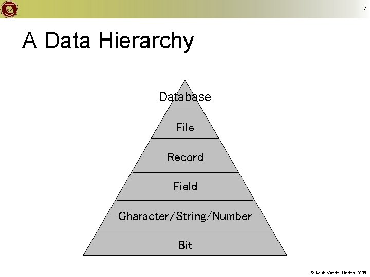 7 A Data Hierarchy Database File Record Field Character/String/Number Bit © Keith Vander Linden,