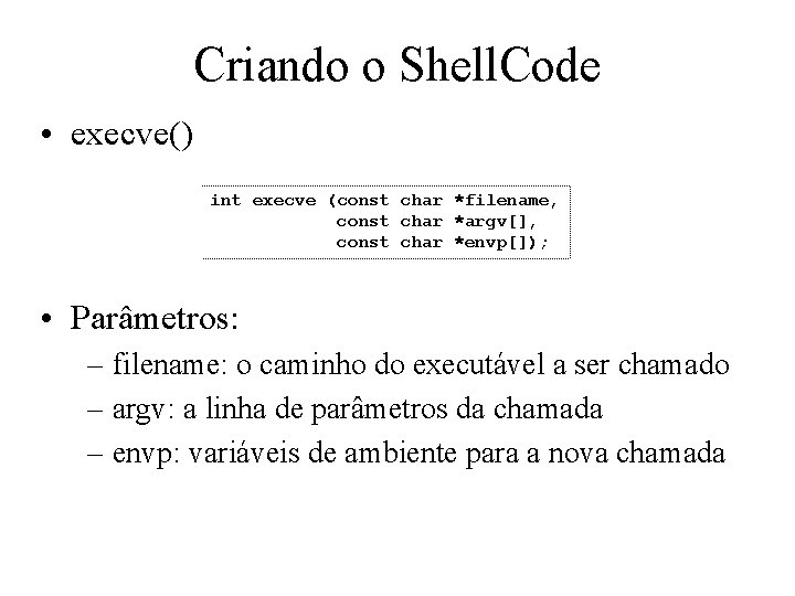 Criando o Shell. Code • execve() int execve (const char *filename, const char *argv[],