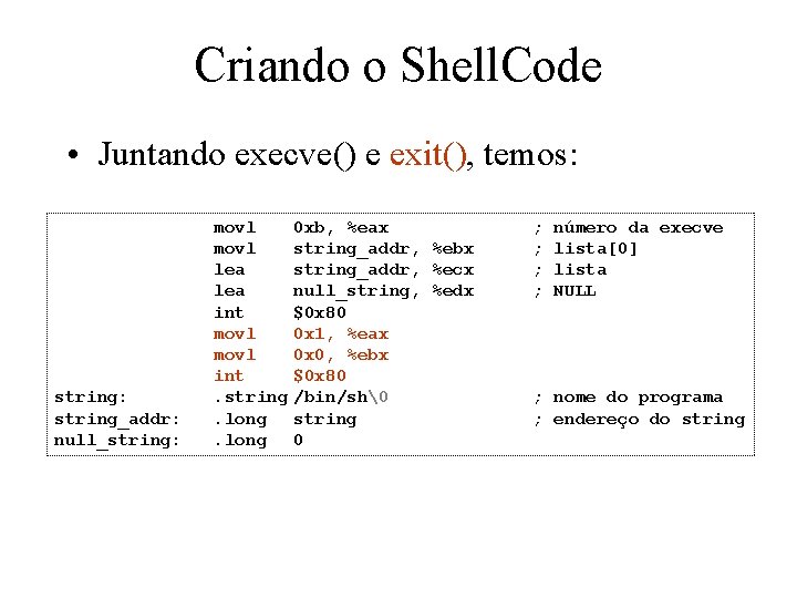 Criando o Shell. Code • Juntando execve() e exit(), temos: string: string_addr: null_string: movl