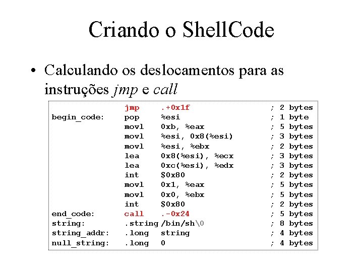 Criando o Shell. Code • Calculando os deslocamentos para as instruções jmp e call