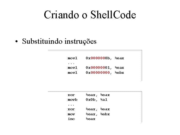 Criando o Shell. Code • Substituindo instruções movl. . . movl 0 x 0000000