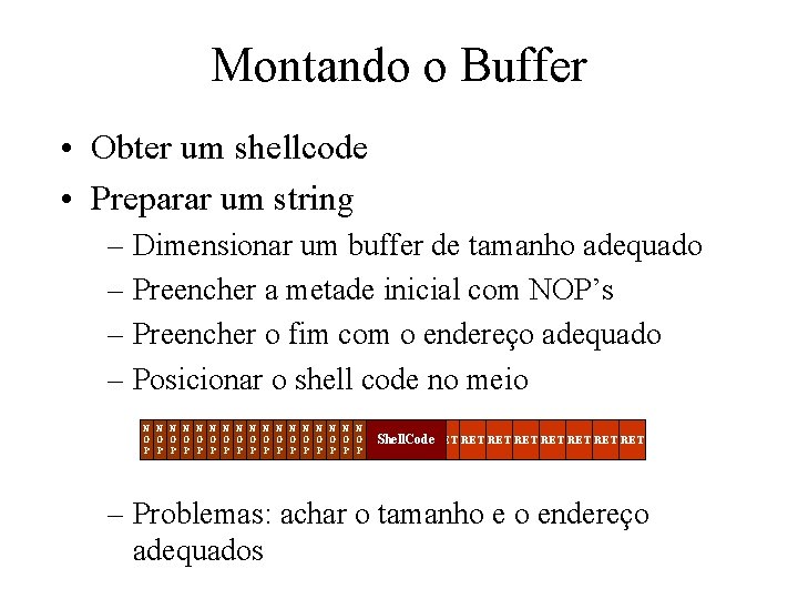 Montando o Buffer • Obter um shellcode • Preparar um string – Dimensionar um