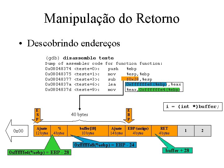 Manipulação do Retorno • Descobrindo endereços (gdb) disassemble teste Dump of assembler code for