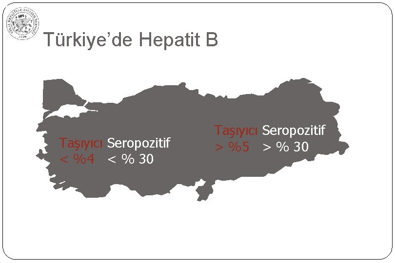 Türkiye’de Hepatit B Taşıyıcı Seropozitif < %4 < % 30 Taşıyıcı Seropozitif > %5