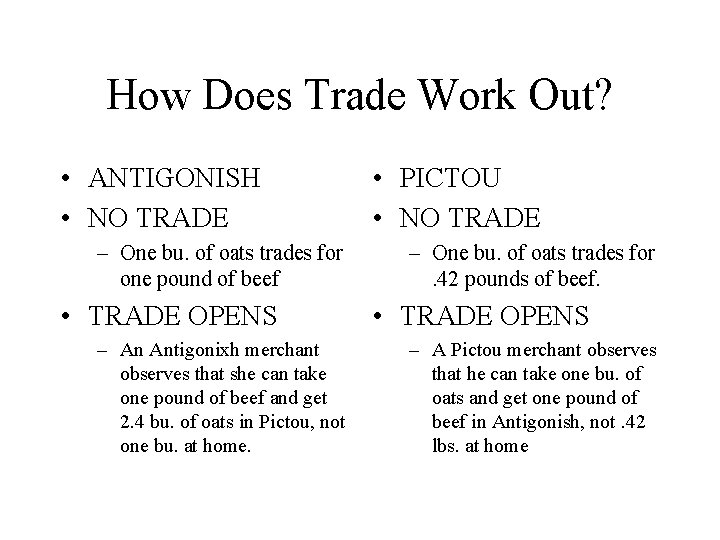 How Does Trade Work Out? • ANTIGONISH • NO TRADE – One bu. of