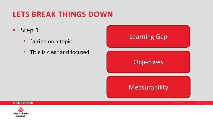 LETS BREAK THINGS DOWN • Step 1 • Decide on a topic Learning Gap