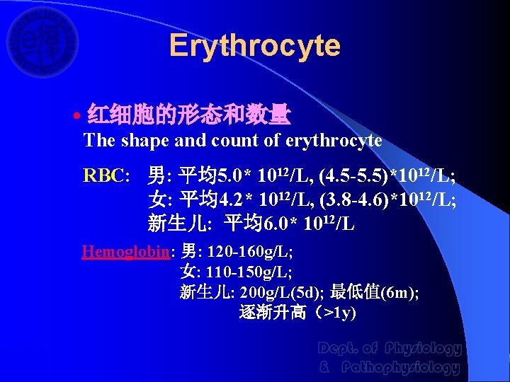 Erythrocyte • 红细胞的形态和数量 The shape and count of erythrocyte RBC: 男: 平均5. 0* 1012/L,