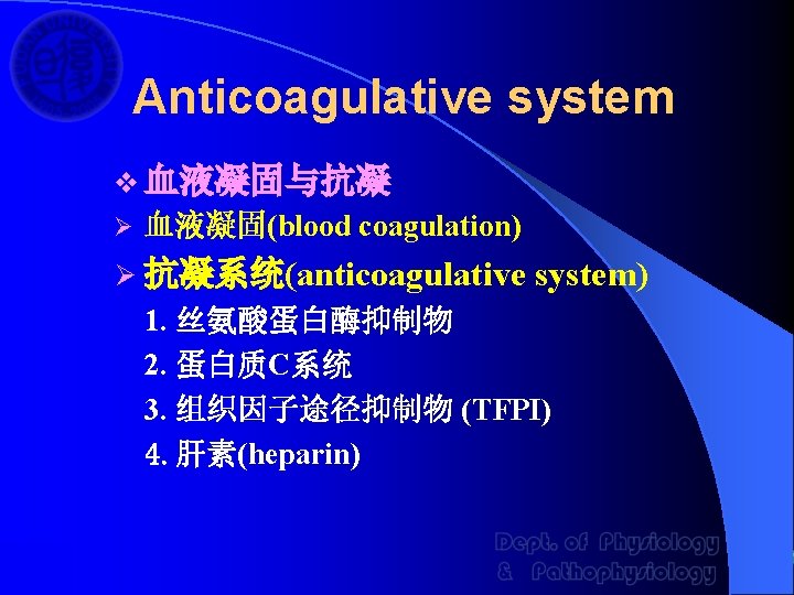 Anticoagulative system v 血液凝固与抗凝 Ø 血液凝固(blood coagulation) Ø 抗凝系统(anticoagulative system) 1. 丝氨酸蛋白酶抑制物 2. 蛋白质C系统