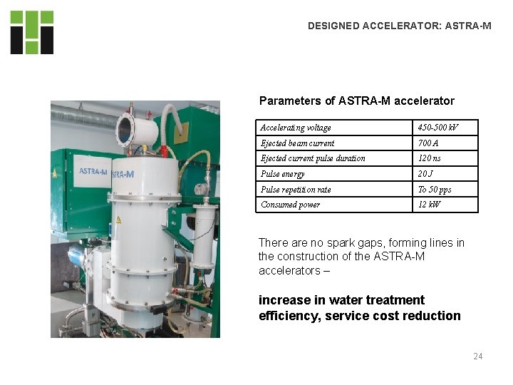 DESIGNED ACCELERATOR: ASTRA-M Parameters of ASTRA-M accelerator Accelerating voltage 450 -500 k. V Ejected DESIGNED ACCELERATOR: ASTRA-M Parameters of ASTRA-M accelerator Accelerating voltage 450 -500 k. V Ejected