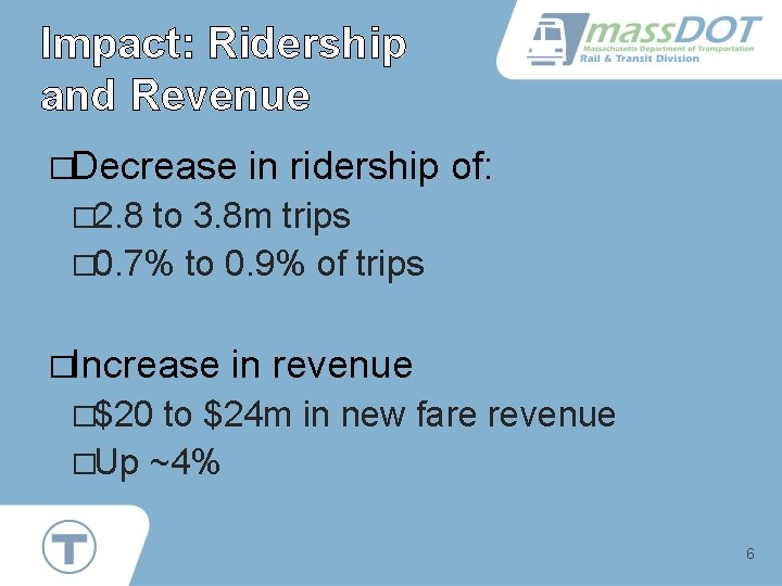 Impact: Ridership and Revenue �Decrease in ridership of: � 2. 8 to 3. 8