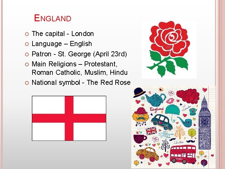 ENGLAND The capital - London Language – English Patron - St. George (April 23