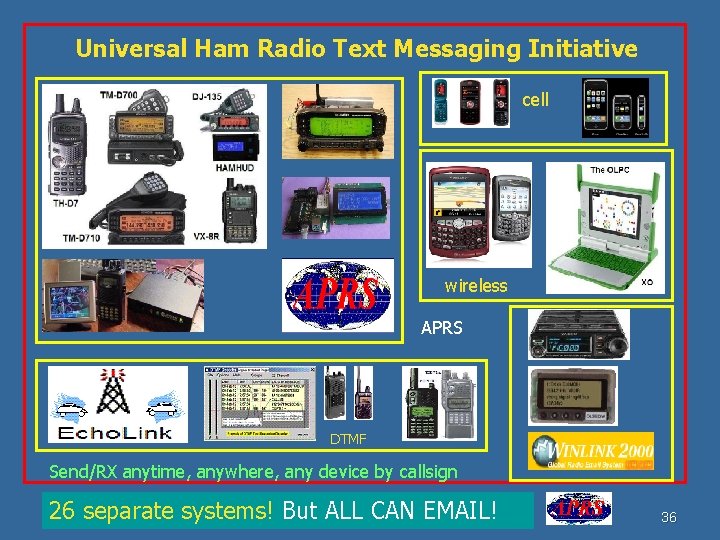 Universal Ham Radio Text Messaging Initiative cell wireless APRS DTMF Send/RX anytime, anywhere, any Universal Ham Radio Text Messaging Initiative cell wireless APRS DTMF Send/RX anytime, anywhere, any