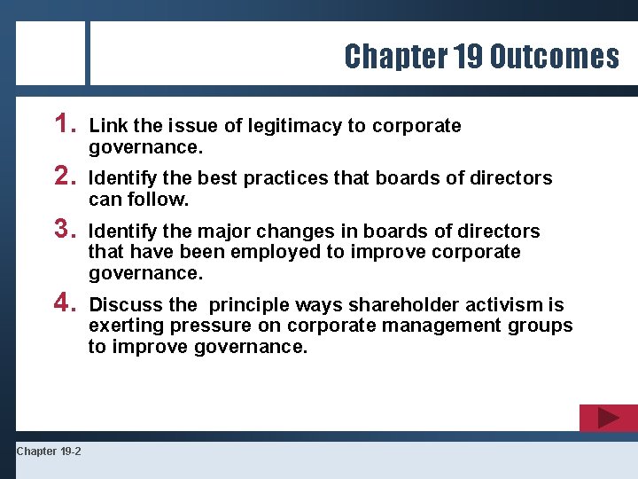 Chapter 19 Outcomes 1. Link the issue of legitimacy to corporate governance. 2. Identify