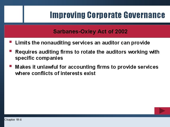 Improving Corporate Governance Sarbanes-Oxley Act of 2002 § § Limits the nonauditing services an