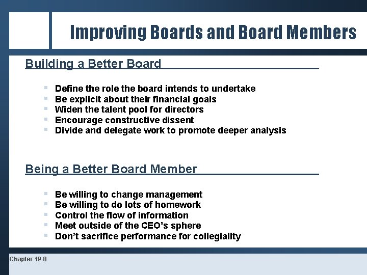 Improving Boards and Board Members Building a Better Board § § § Define the