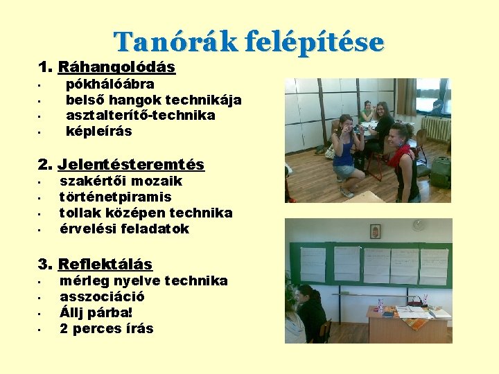 Tanórák felépítése 1. Ráhangolódás • • pókhálóábra belső hangok technikája asztalterítő-technika képleírás 2. Jelentésteremtés