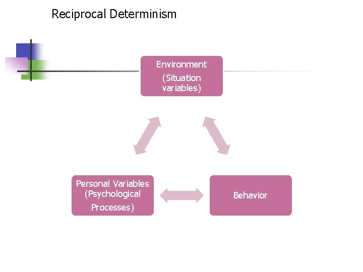Reciprocal Determinism Environment (Situation variables) Personal Variables (Psychological Processes) Behavior 