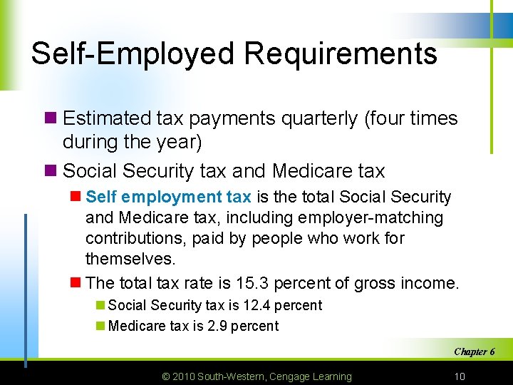 Self-Employed Requirements n Estimated tax payments quarterly (four times during the year) n Social