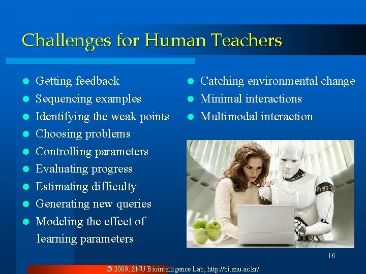 Challenges for Human Teachers l l l l l Getting feedback Sequencing examples Identifying