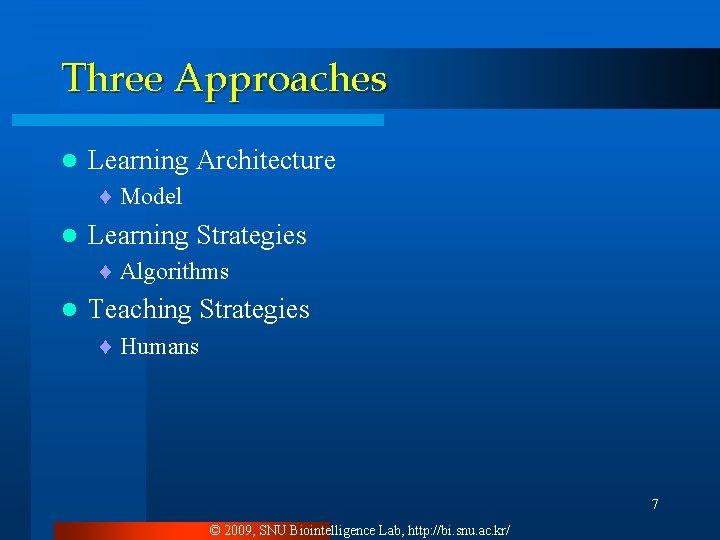 Three Approaches l Learning Architecture ¨ Model l Learning Strategies ¨ Algorithms l Teaching