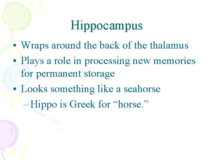 Hippocampus • Wraps around the back of the thalamus • Plays a role in