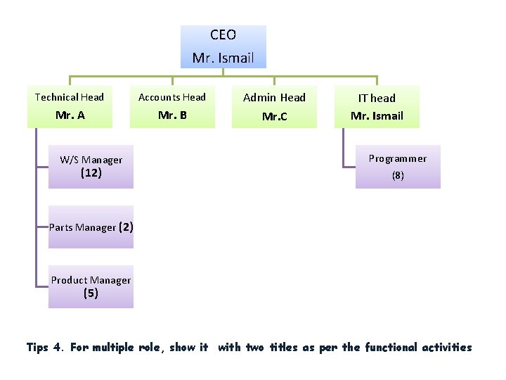 CEO Mr. Ismail Technical Head Accounts Head Admin Head Mr. A Mr. B Mr.